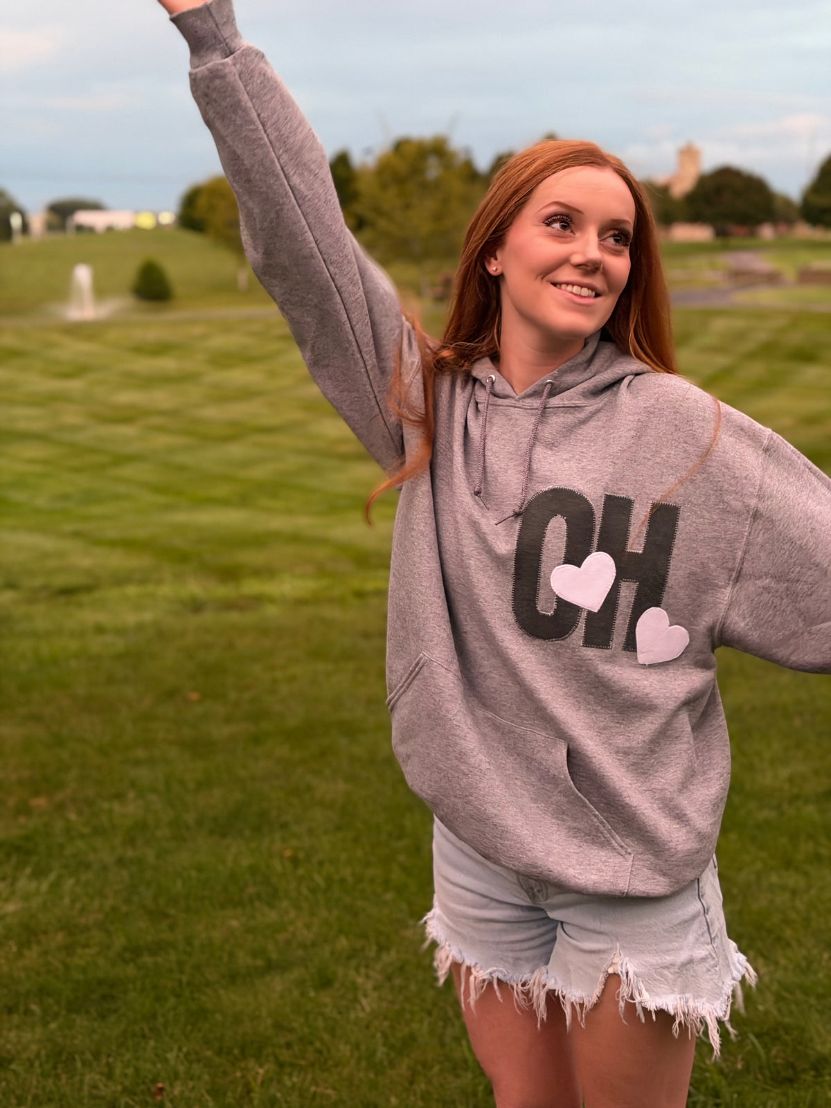 OH YEAH Applique Hoodie | Heather Grey with Green Up-cycled Patchwork & White Hearts