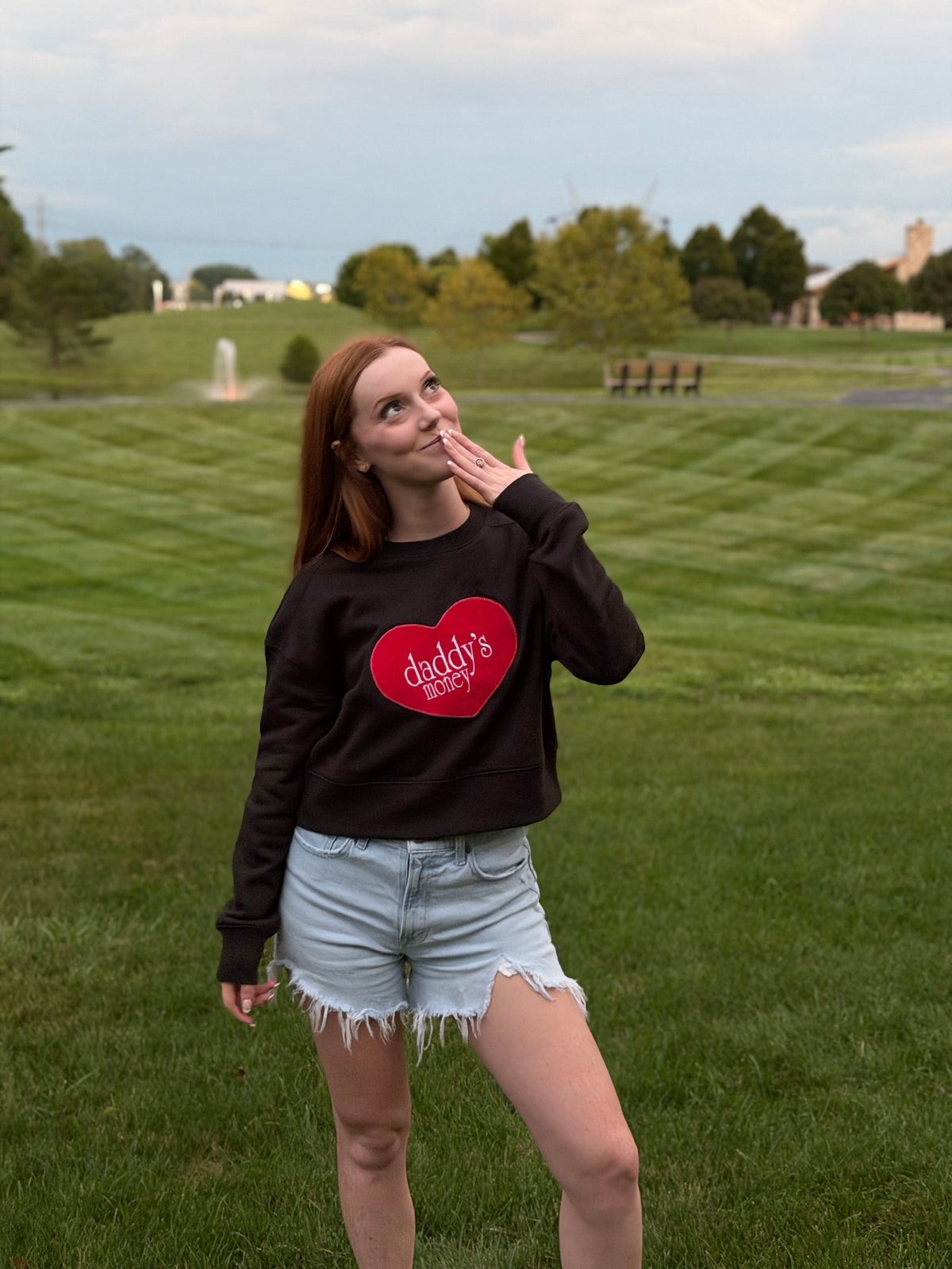 Daddy's Money Embroidered Heart Crop Sweatshirt | Black with Red Up-cycled Appliqué