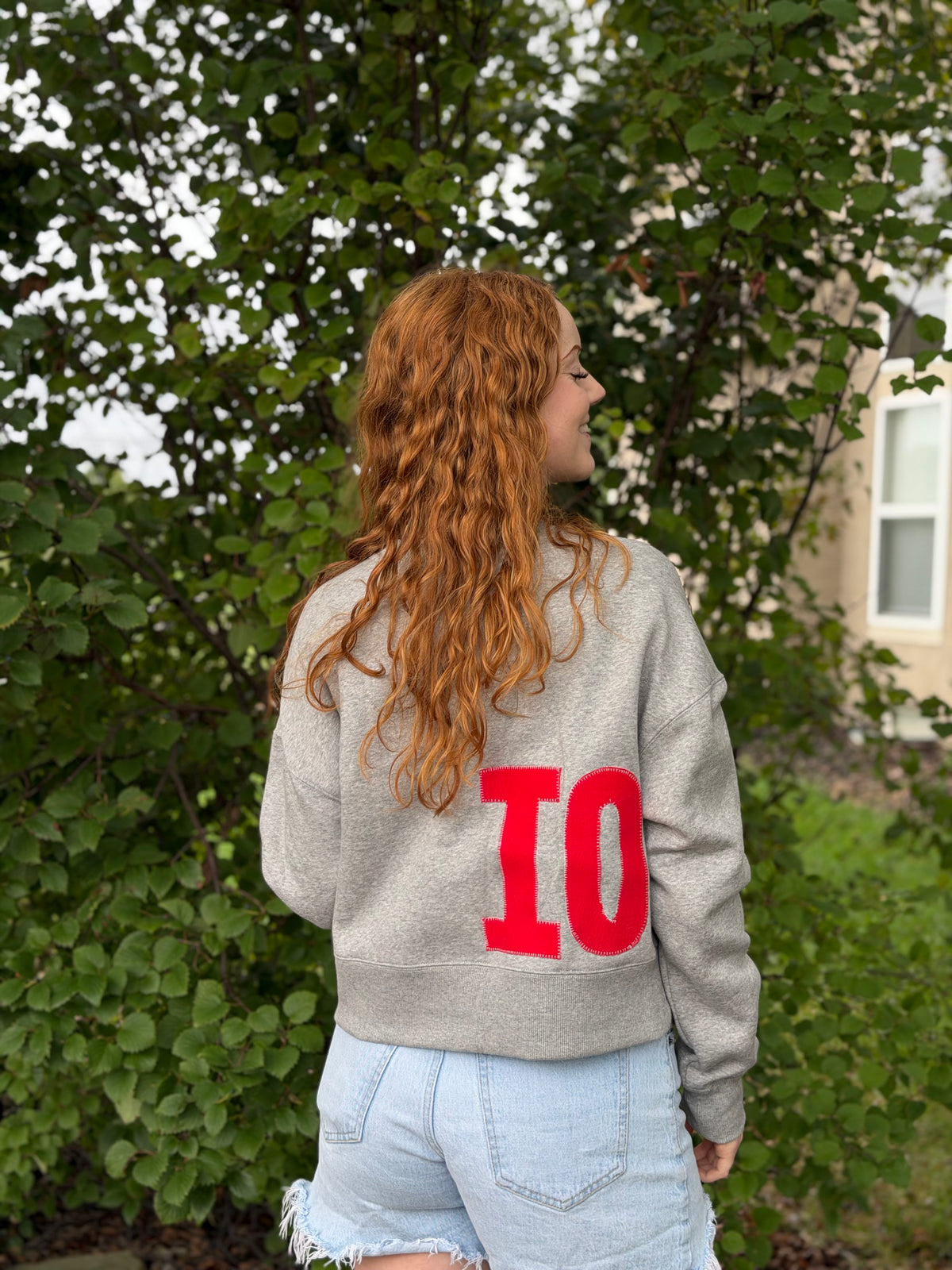OHIO Wraparound Applique Cropped Sweatshirt | Heather Grey with Red Upcycled Patchwork
