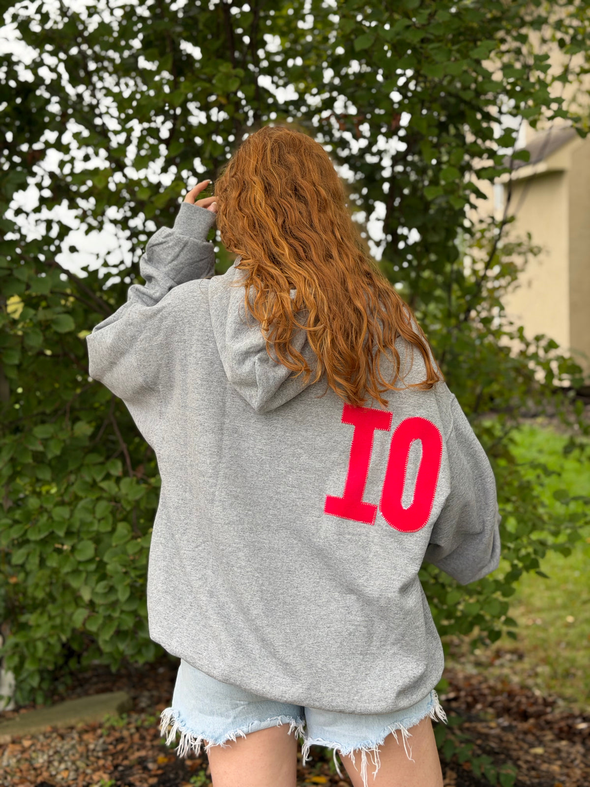OHIO Wraparound Applique Hoodie | Heather Grey with Red Up-Cycled Patchwork