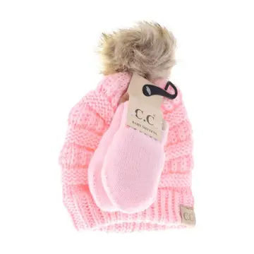 Baby Solid Knit Faux Fur Pom C.C Beanie with Mitten Set, Pale Pink