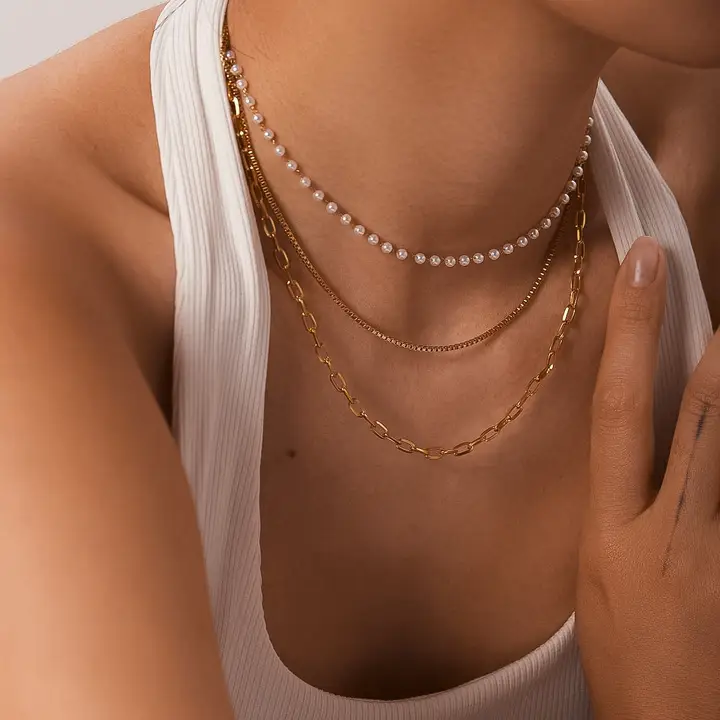 Cadeaux 18K Gold Non-Tarnish Stacked Pearl Chain Necklace