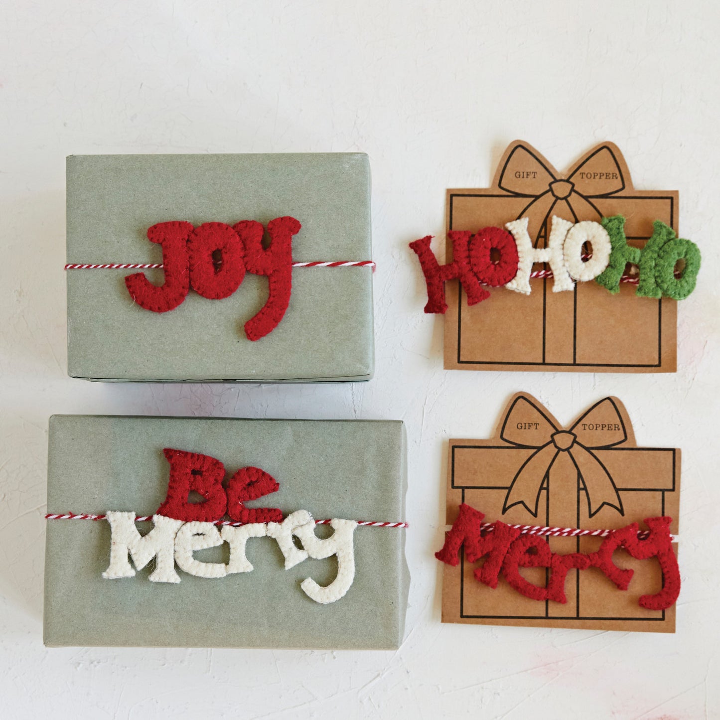 Handmade Wool Felt Holiday Saying Gift Topper w/ 40" Yarn Wrap, 4 Styles