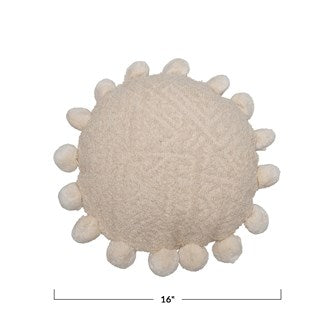 Round Cotton Pillow with Pom Poms, Cream Color - POWELL PICK-UP ONLY