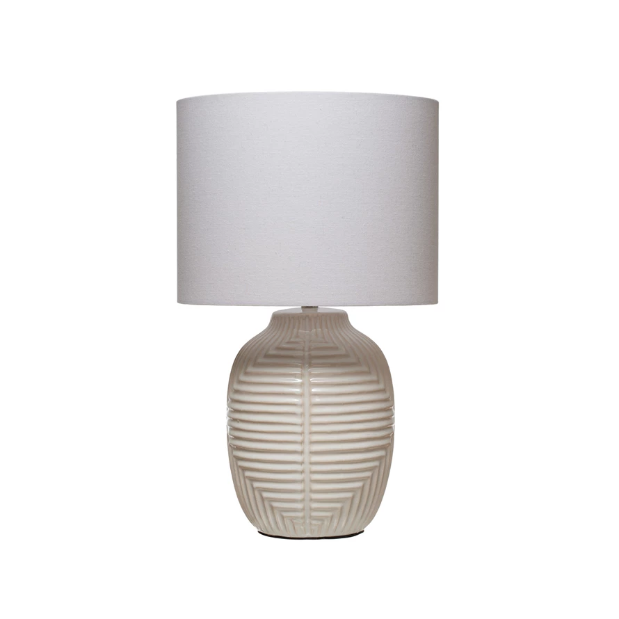 Embossed Stoneware Table Lamp with Cotton Shade -POWELL PICK UP ONLY
