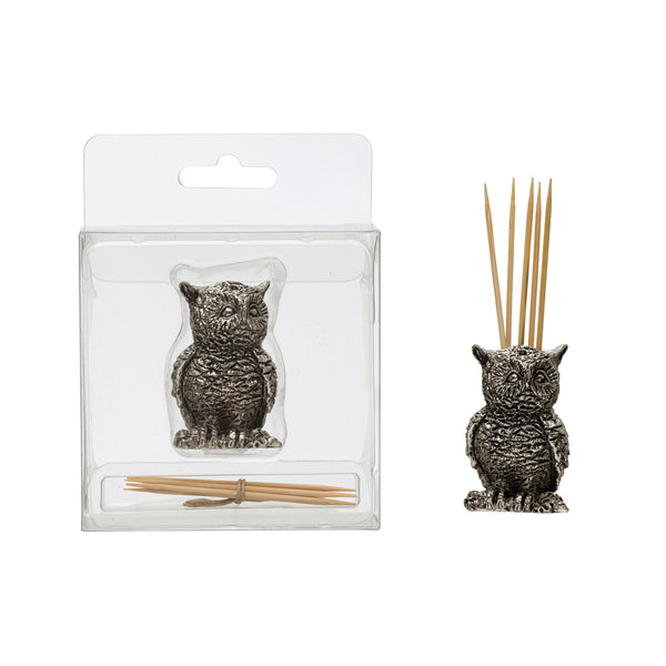 Pewter Owl Toothpick Holder w/ 6 Toothpicks