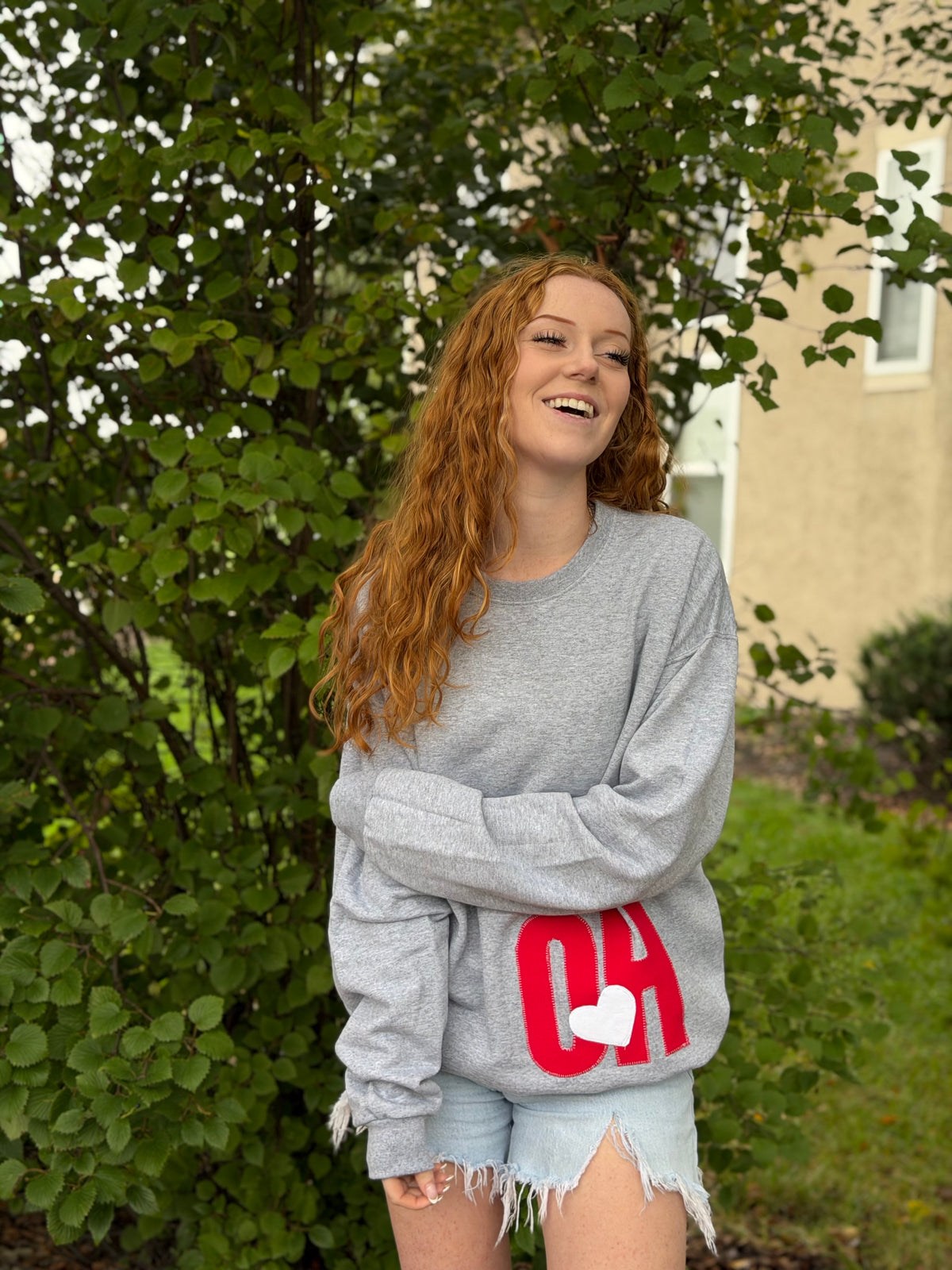 OHIO Wraparound Appliqué Sweatshirt | Heather Grey Crew Neck with Up-cycled Patchwork