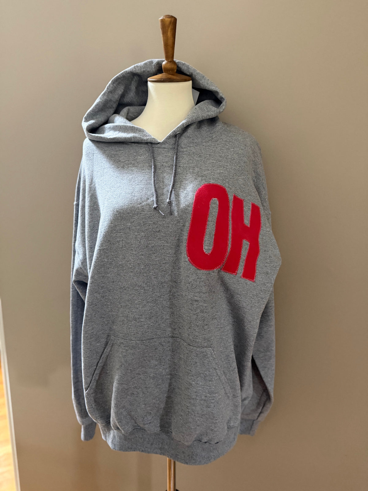 OHIO Wraparound Applique Hoodie | Heather Grey with Red Up-Cycled Patchwork
