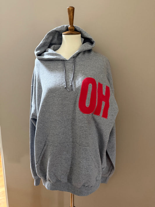 OHIO Wraparound Applique Hoodie | Heather Grey with Red Up-Cycled Patchwork