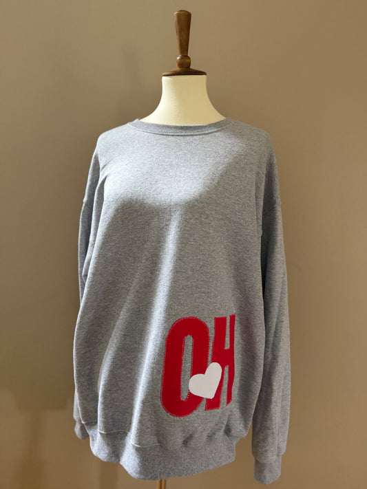 OH-IO Wraparound Appliqué Sweatshirt | Heather Grey Crew Neck with Up-cycled Patchwork