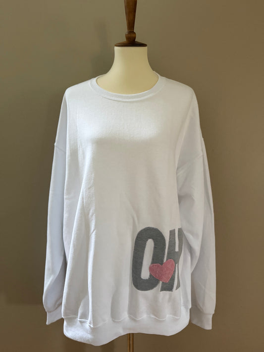OH-IO Wraparound Appliqué Sweatshirt | White Crew Neck with Up-cycled Patchwork
