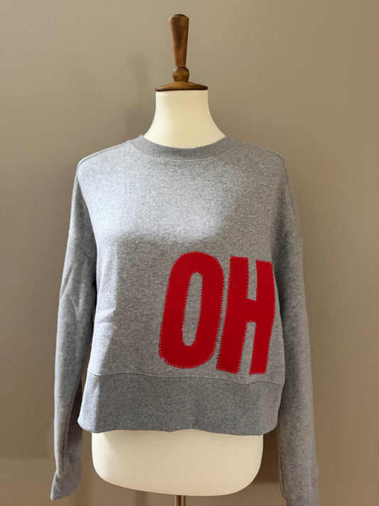 OHIO Wraparound Applique Cropped Sweatshirt | Heather Grey with Red Upcycled Patchwork