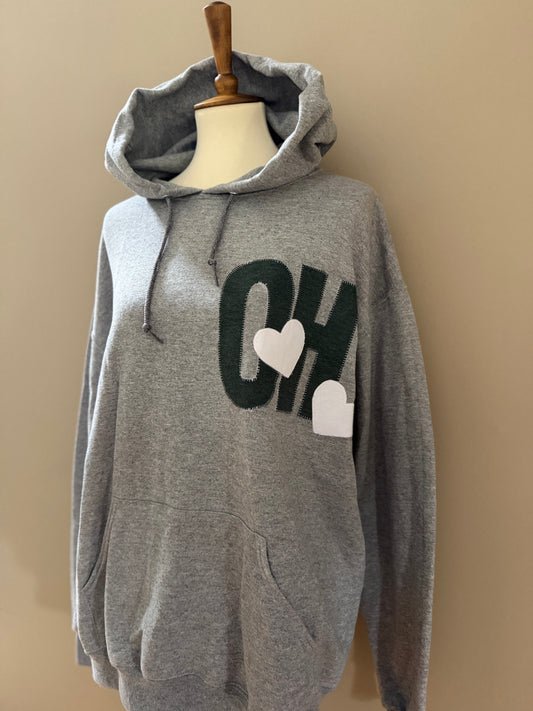 OH YEAH Applique Hoodie | Heather Grey with Green Up-cycled Patchwork & White Hearts