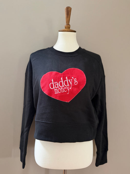 Daddy's Money Embroidered Heart Crop Sweatshirt | Black with Red Up-cycled Appliqué
