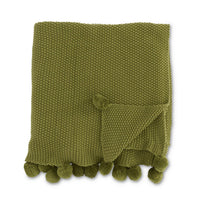 Sage Green Moss Stitch Knit Throw Blanket w/Pompom Trim, 60"
