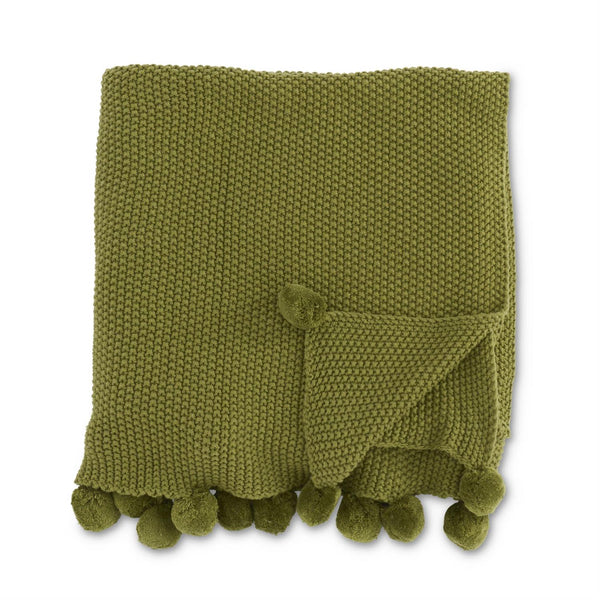 Sage Green Moss Stitch Knit Throw Blanket w/Pompom Trim, 60"