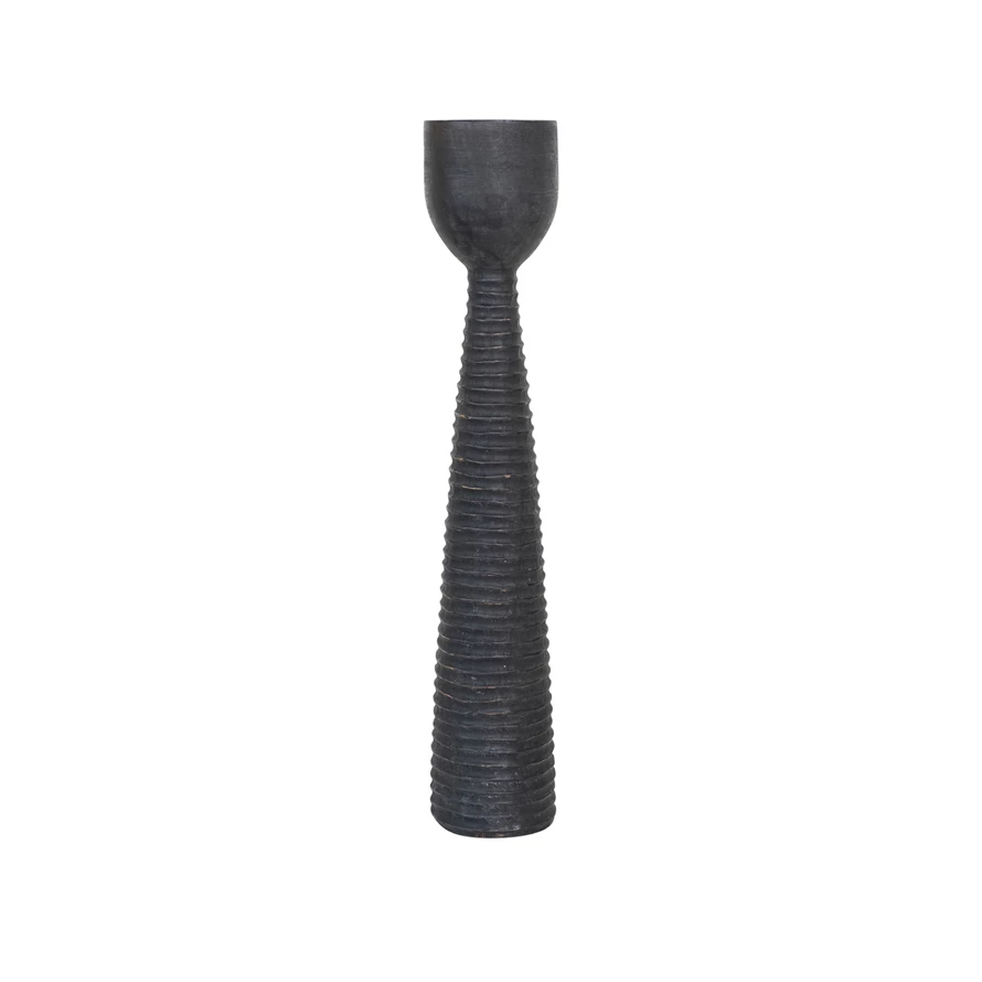 Hand-Carved Mango Wood Ribbed Candle Holder, Black (Holds 5" Pillar) -POWELL PICK-UP