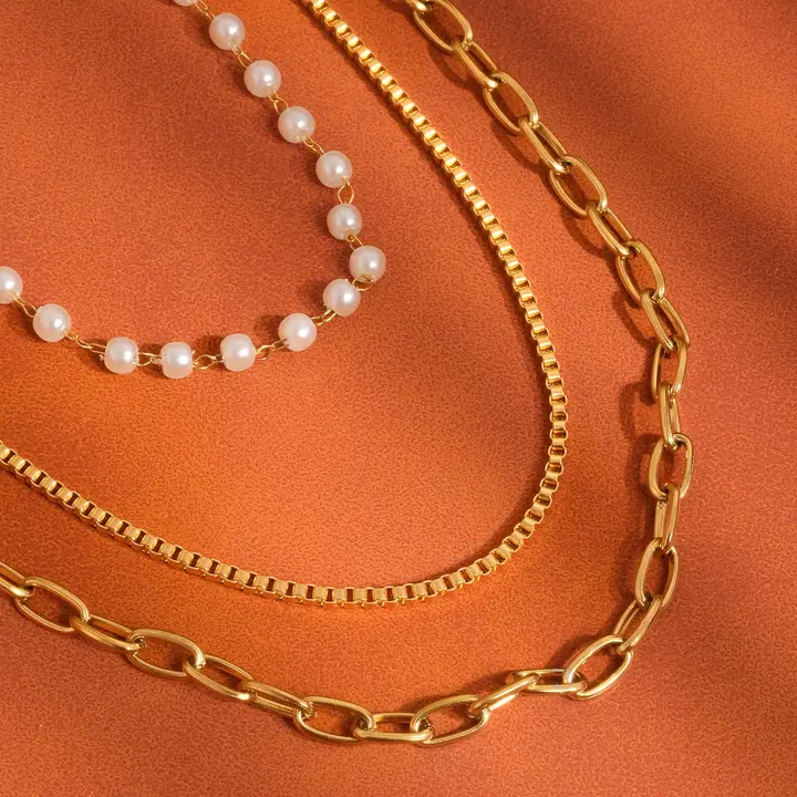 Cadeaux 18K Gold Non-Tarnish Stacked Pearl Chain Necklace