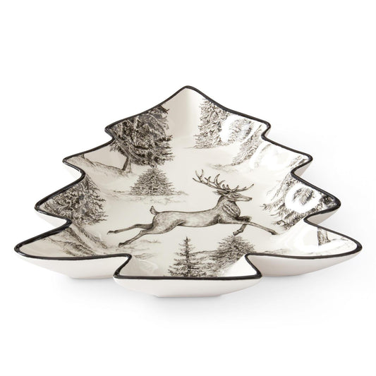 White & Black Toile w/ Deer Tree Tray, 12"