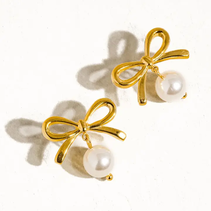 Aleah 18K Gold Non-Tarnish Bow Pearl Earrings