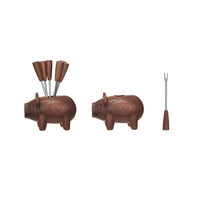 Wood Pig Shaped Holder with Appetizer Forks Set