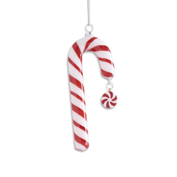 Hand Painted Red & White Glass Candy Cane Ornament, 7.25"