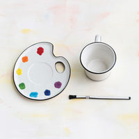 Ceramic Paint Palette Saucer w/ Teacup & Brush Shaped Stirrer, Set of 3