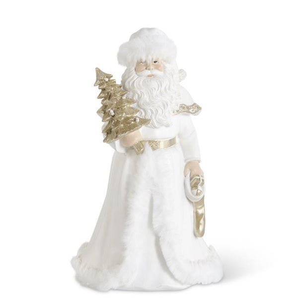 White & Gold Santa Holding Tree w/Fur Trim, 9"