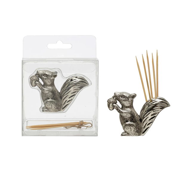 Pewter Squirrel Toothpick Holder w/ 6 Toothpicks