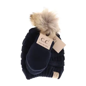 Baby Solid Knit Faux Fur Pom C.C Beanie with Mitten Set, Navy