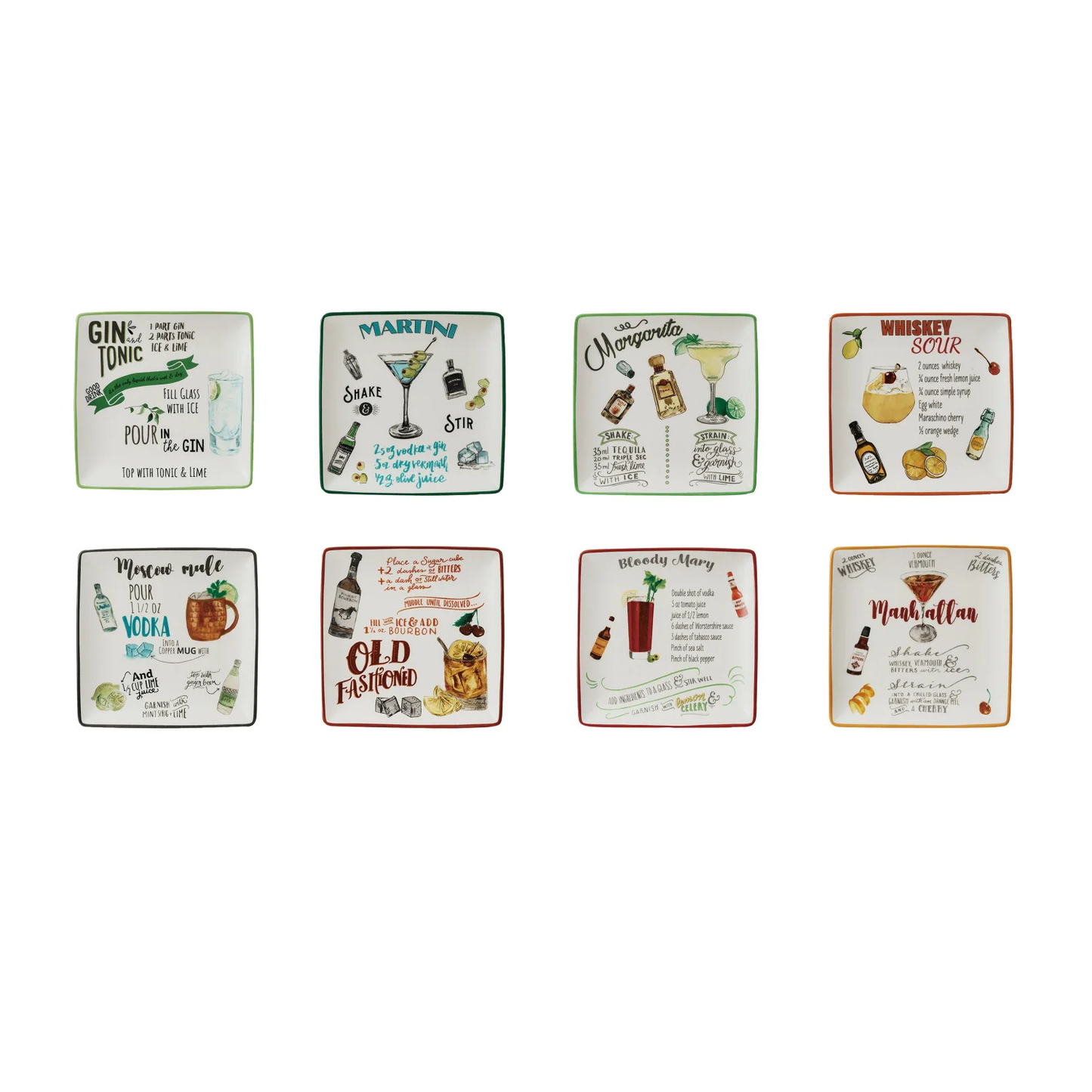 Plate with Cocktail Recipe & Art, 8 styles