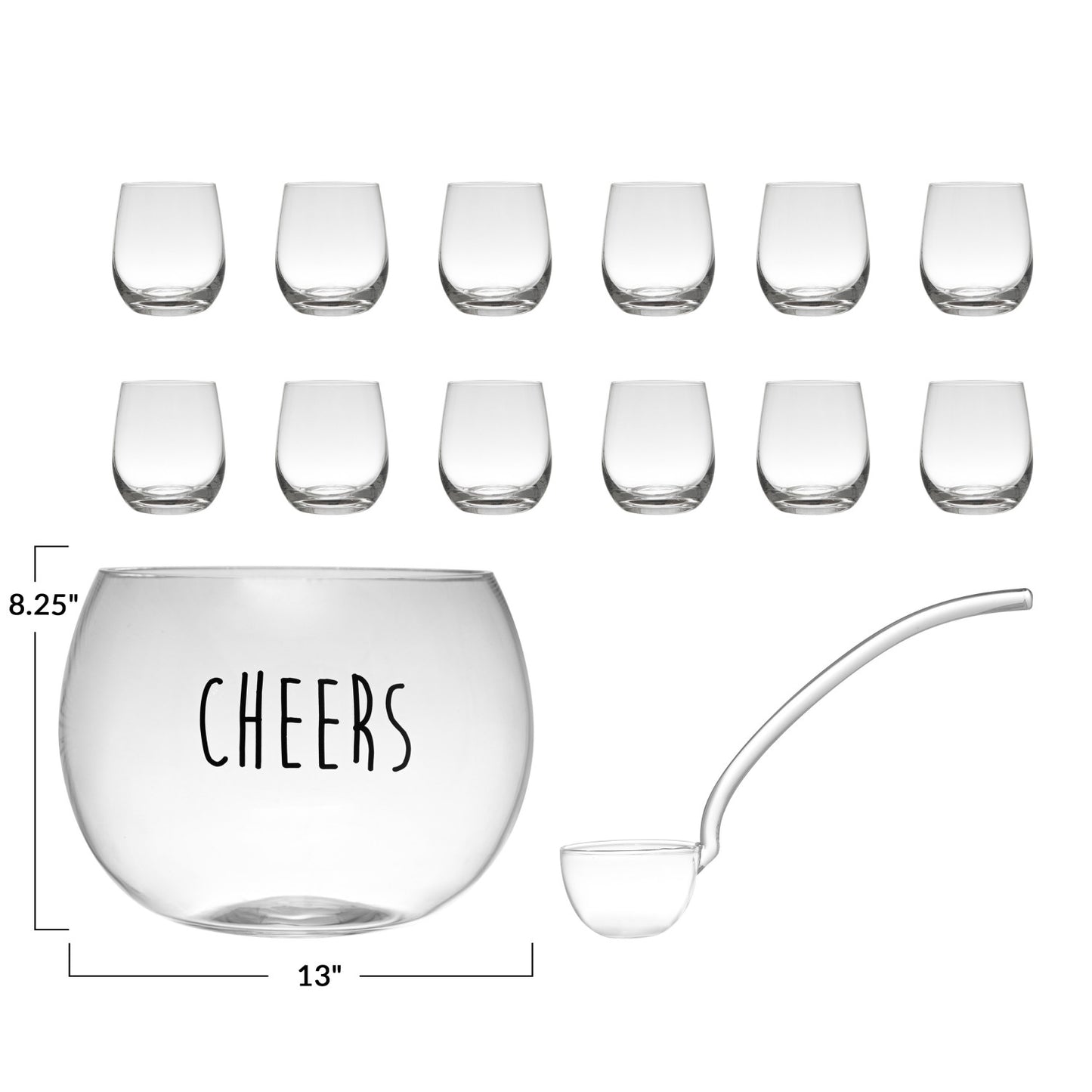 Glass Punch Bowl w/. Ladle & 12 glasses, set of 14 -POWELL PICK-UP