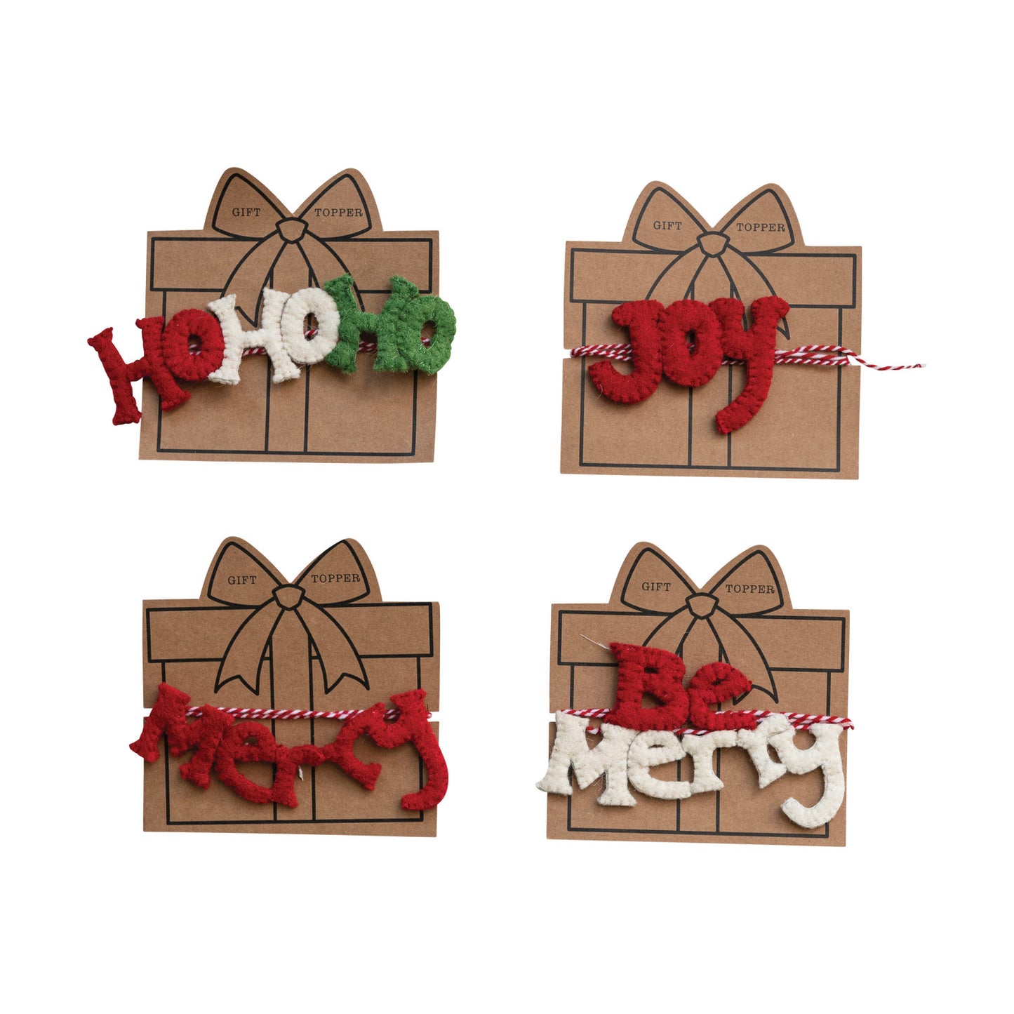 Handmade Wool Felt Holiday Saying Gift Topper w/ 40" Yarn Wrap, 4 Styles
