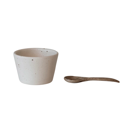 Stoneware Bowl w/ Mango Wood Spoon Set