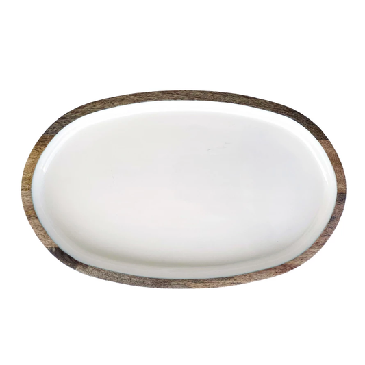 Enameled Mango Wood Tray, White & Natural -POWELL PICK-UP ONLY