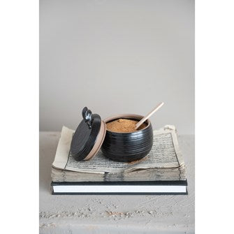 18 oz. Stoneware Jar with Wood Spoon, Reactive Glaze, Black