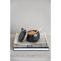 18 oz. Stoneware Jar with Wood Spoon, Reactive Glaze, Black, Set of 2