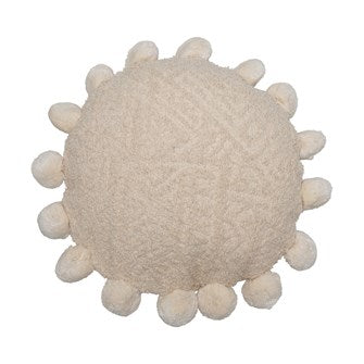 Round Cotton Pillow with Pom Poms, Cream Color - POWELL PICK-UP ONLY