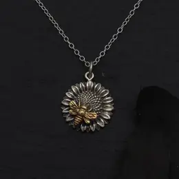 Sunflower Necklace with Bronze Bee, Sterling Silver 18"