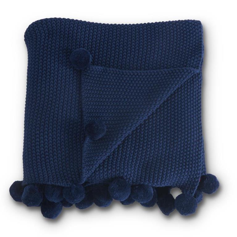 Blue Moss Stitch Knit Throw w/ Pompom Trim, 64"