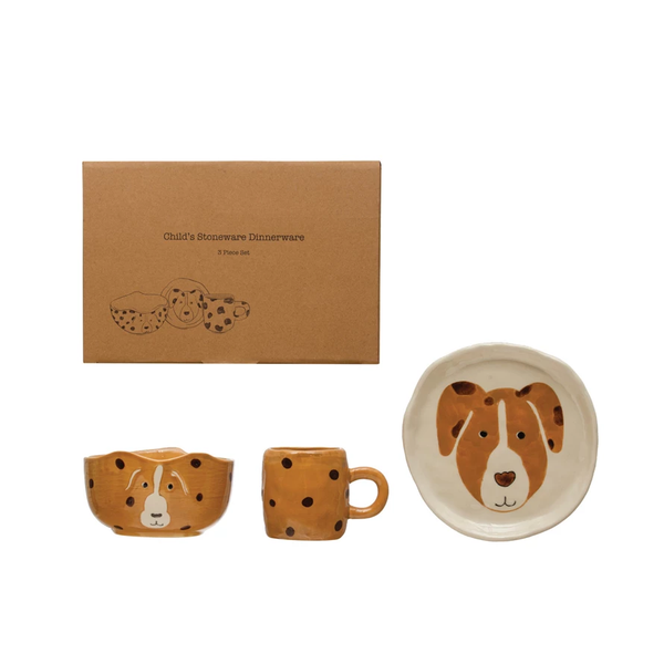 Hand-Painted Stoneware Plate w/ Dog, 4 oz. Mug w/ Spots & Bowl w/ Dog, Multi Color, Set of 3